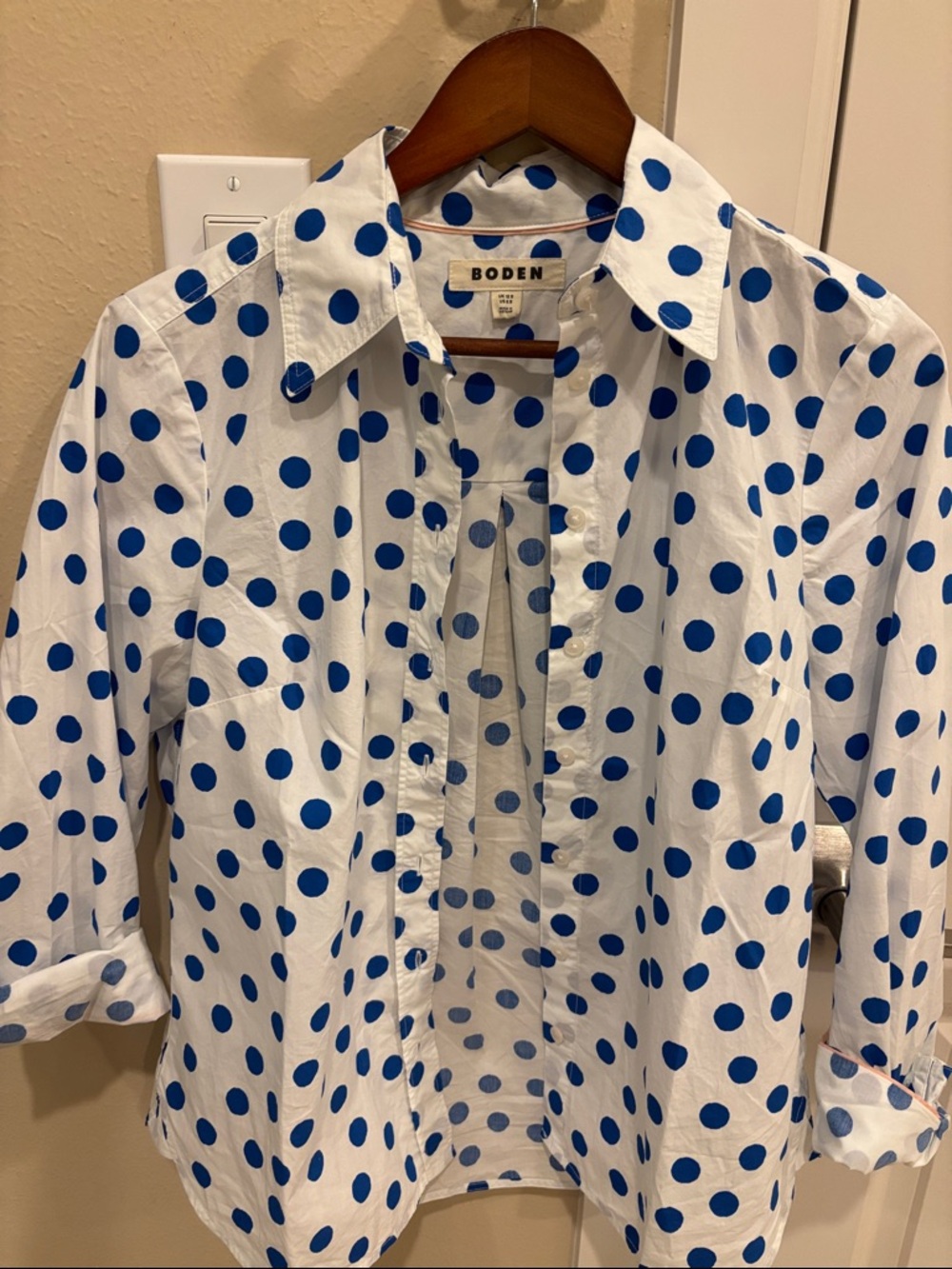 Boden White Shirt with Royal Blue Polka Dots